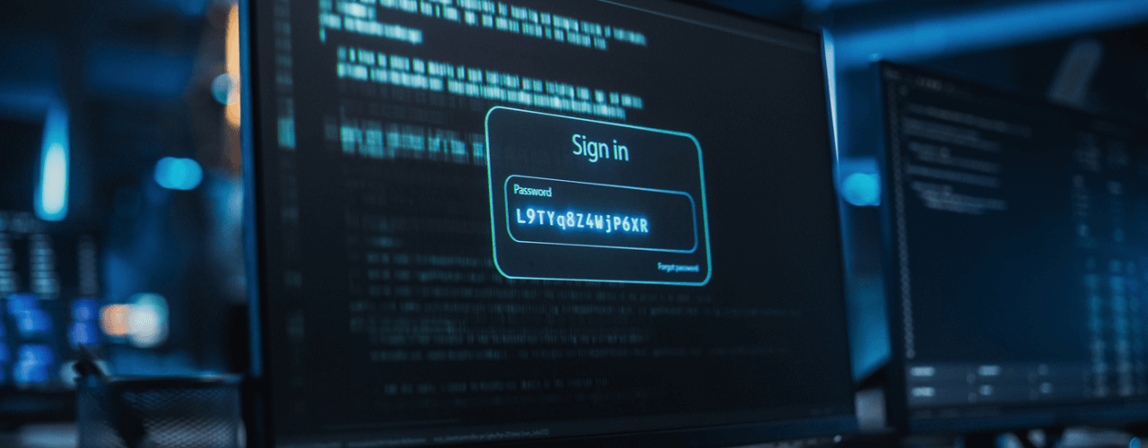 A computer screen displays a sign-in prompt with a password field labeled "Enter Password." The screen shows lines of code, conveying a tech-focused atmosphere.